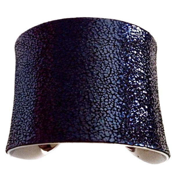 Crushed Metallic Navy Blue Leather Silver Lined Cuff - by UNEARTHED