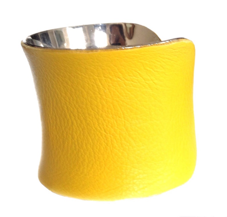 Bright Yellow Leather Silver Lined Cuff Bracelet by UNEARTHED image 5