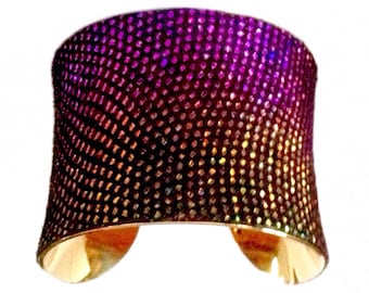 Purple and Gold Metallic Rhinestone Print Leather Cuff Bracelet - by UNEARTHED
