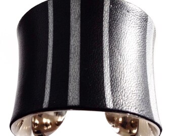 Black and Silver Pinstripe Leather Cuff Bracelet - by UNEARTHED