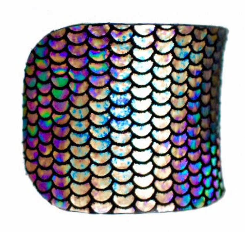 Iridescent Metallic Fish Scale Print Leather Cuff Bracelet by UNEARTHED image 10