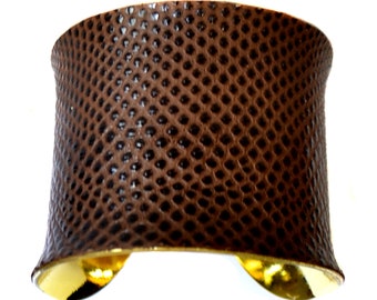 Gold Lined Cuff Bracelet  in Brown Snakeskin - by UNEARTHED
