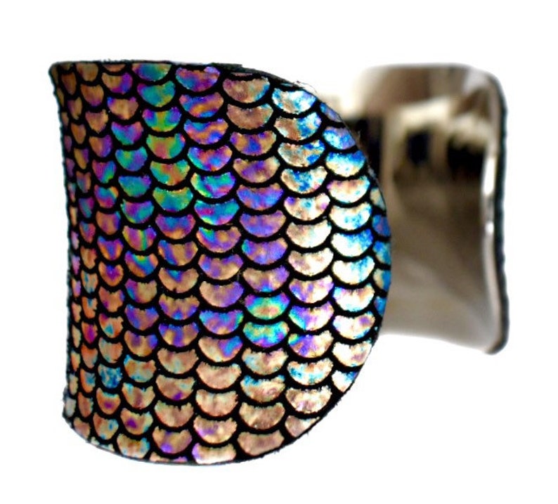 Iridescent Metallic Fish Scale Print Leather Cuff Bracelet by UNEARTHED image 2