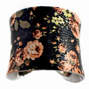 Black Floral Rose Print VEGAN Leather Cuff Bracelet by UNEARTHED image 1