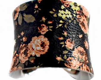 Black Floral Rose Print VEGAN Leather Cuff Bracelet - by UNEARTHED
