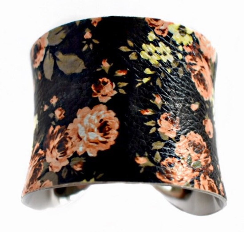 Black Floral Rose Print VEGAN Leather Cuff Bracelet by UNEARTHED image 1