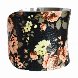 Black Floral Rose Print VEGAN Leather Cuff Bracelet by UNEARTHED image 2