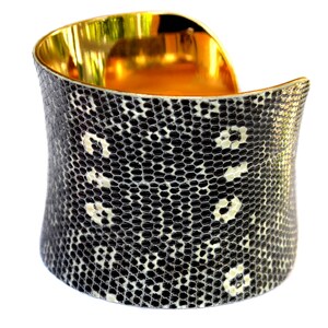 Black and White Spotted Lizard Leather Gold Lined Cuff - Etsy