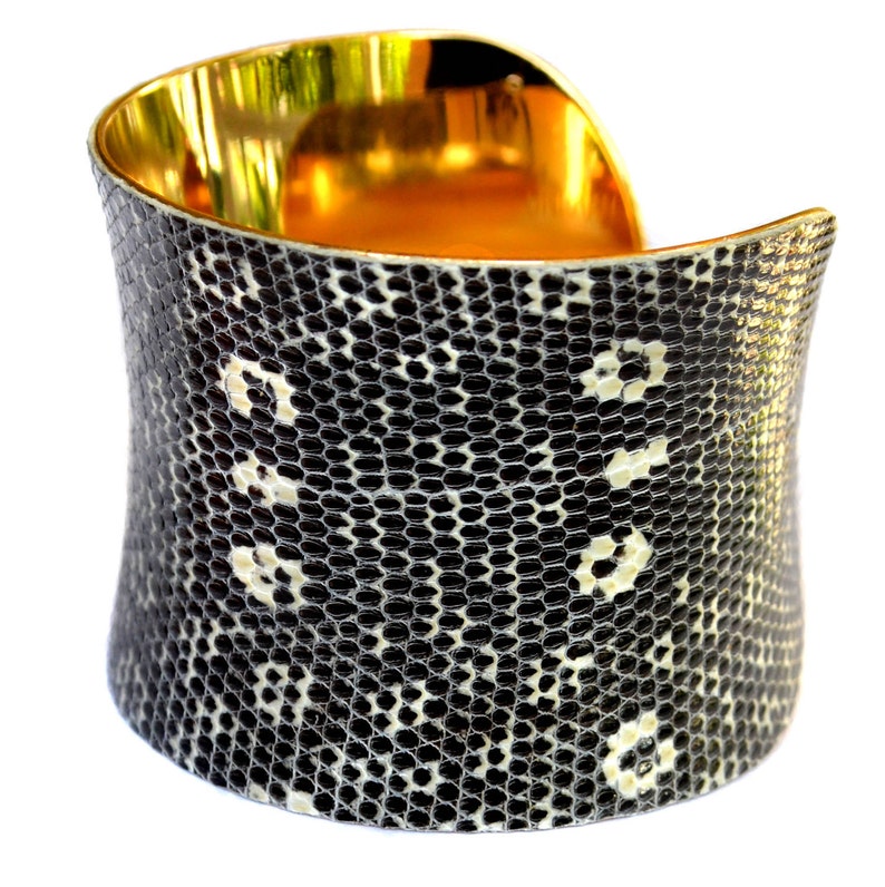 Black and White Spotted Lizard Leather Gold Lined Cuff Bracelet by UNEARTHED image 5