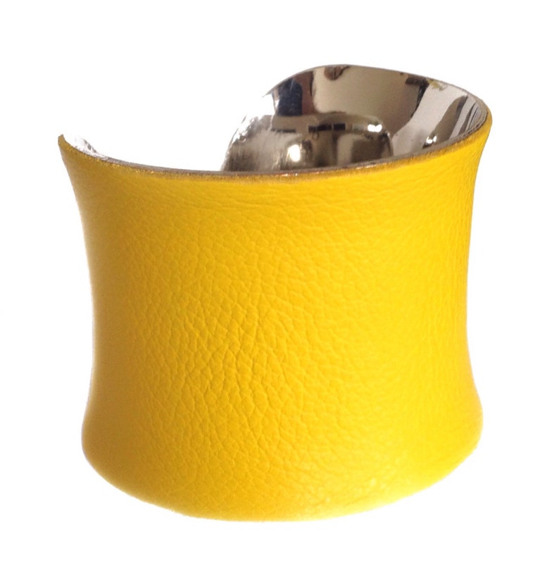 Bright Yellow Leather Silver Lined Cuff Bracelet by UNEARTHED image 2