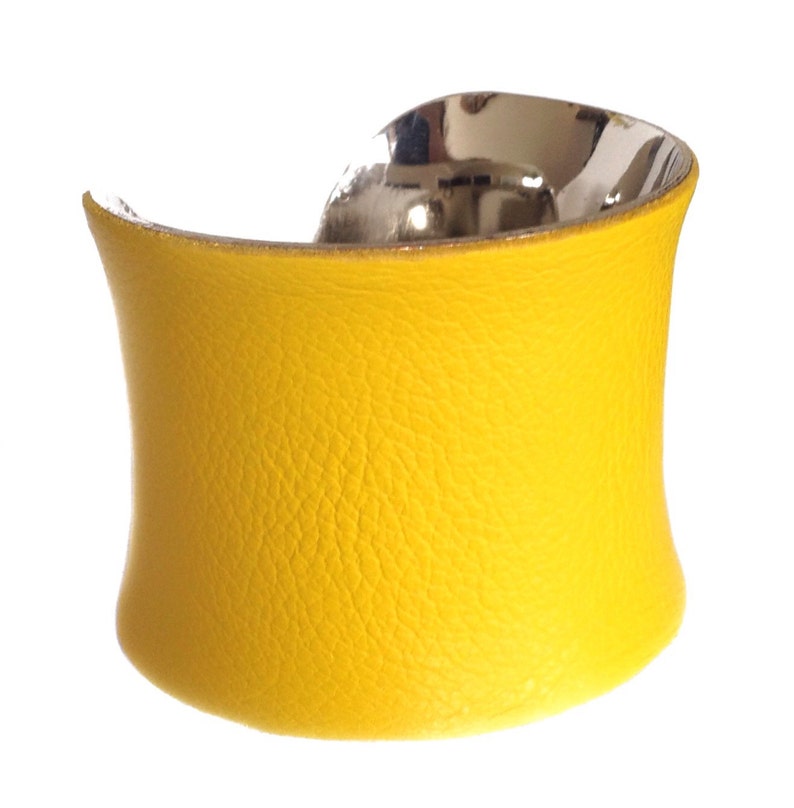 Bright Yellow Leather Silver Lined Cuff Bracelet by Etsy