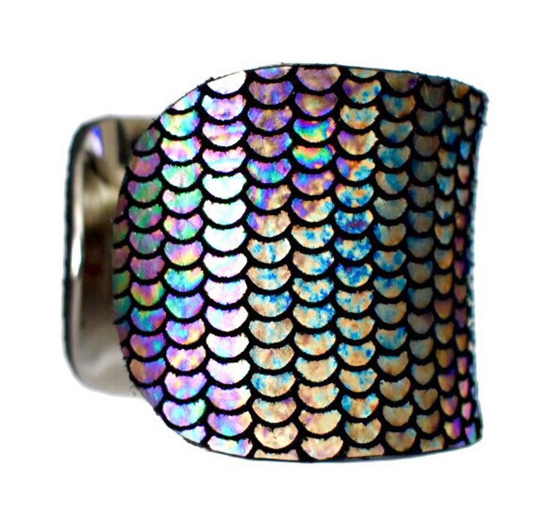 Iridescent Metallic Fish Scale Print Leather Cuff Bracelet by UNEARTHED image 5