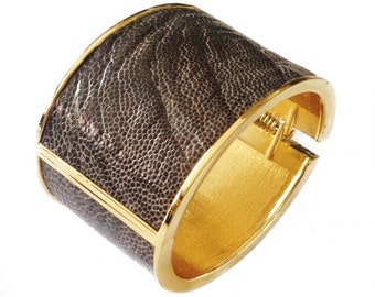 Grey Ostrich Leather Gold Hinged Cuff  - by UNEARTHED