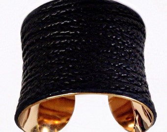 Black Genuine Textured Fish Leather Gold Lined Cuff - by UNEARTHED
