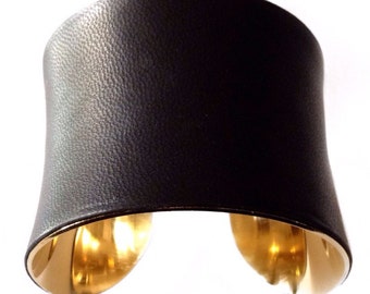 Black Lambskin Leather Gold Lined Cuff Bracelet  - by UNEARTHED