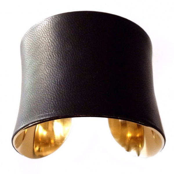 Black Lambskin Leather Gold Lined Cuff Bracelet  - by UNEARTHED