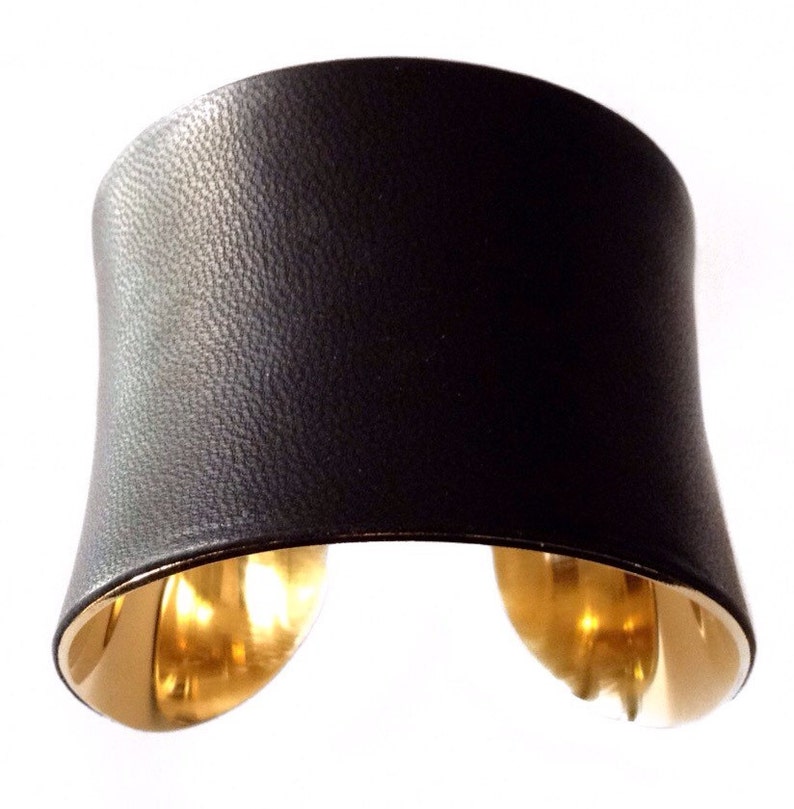 Black Lambskin Leather Gold Lined Cuff Bracelet by UNEARTHED image 1