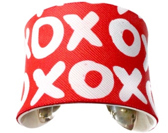 VEGAN Red and White XO Leather Silver Lined Cuff Bracelet - by UNEARTHED