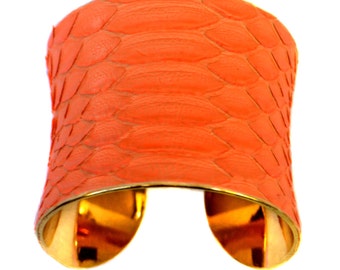 Fluorescent Orange Matte Snakeskin Gold Lined Cuff Bracelet - by UNEARTHED