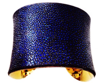 Stingray Leather Gold Cuff Bracelet in Metallic Sapphire Blue - by UNEARTHED