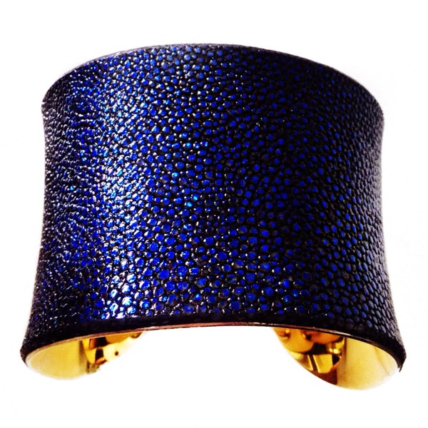 Stingray Leather Gold Cuff Bracelet in Metallic Sapphire Blue - by UNEARTHED