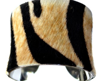 Tiger Stripe Pony Hair Silver Lined Cuff Bracelet  - by UNEARTHED