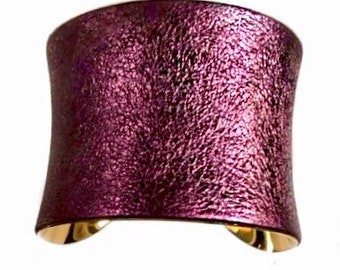 Gold Cuff Bracelet in Crinkled Purple Metallic Genuine Leather  - by UNEARTHED