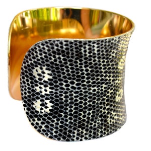 Black and White Spotted Lizard Leather Gold Lined Cuff Bracelet by UNEARTHED image 4