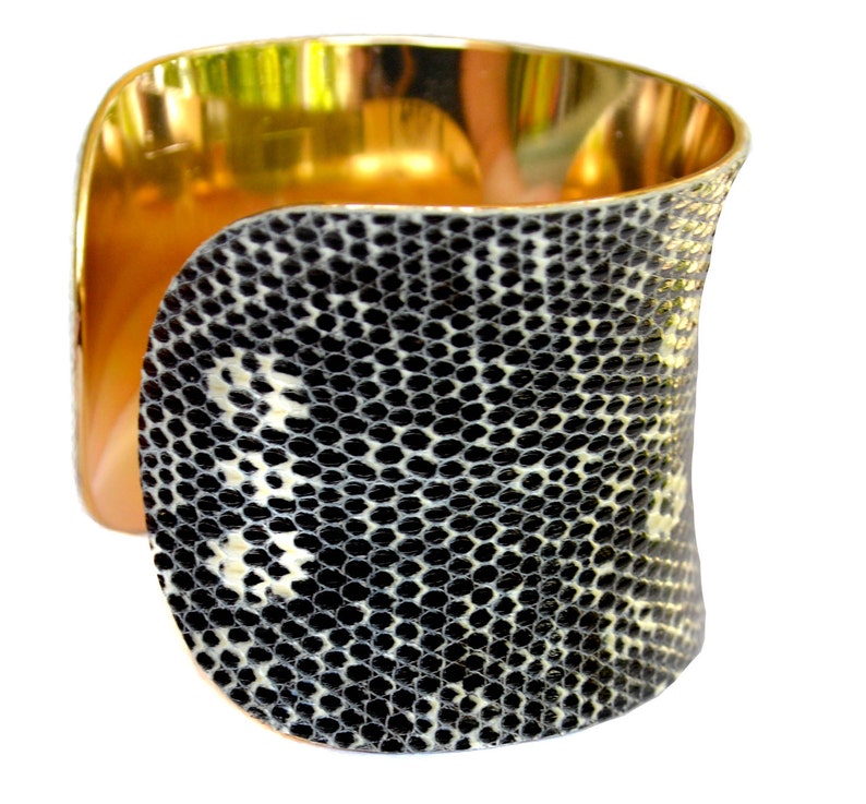 Black and White Spotted Lizard Leather Gold Lined Cuff Bracelet by UNEARTHED image 4