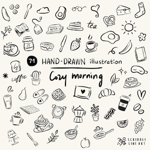 Op de afbeelding: Handgetekende illustratie met de tekst "Cozy morning" met 71 zwart-witte doodles. Bevat voedingsmiddelen zoals avocado, cake en koffie, samen met een hart, wekker en andere objecten met een ochtendthema.