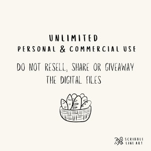 May include: A digital art graphic with the text "UNLIMITED PERSONAL & COMMERCIAL USE" and "DO NOT RESELL, SHARE OR GIVEAWAY THE DIGITAL FILES." A basket of bread is illustrated below the text. The artist's signature is in the bottom right corner.