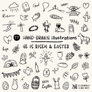 May include: A set of 77 hand-drawn black and white illustrations with religious and Easter themes. The image includes crosses, a bible, a dove, an angel, and the text "He is Risen & Easter" and "Happy Easter".