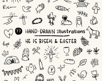 He Is Risen & Easter Hand-Drawn Illustration Doodles PNG SVG Clipart Bundle