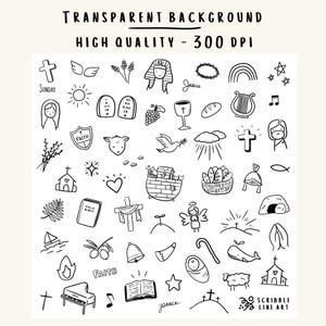 May include: A collection of hand-drawn black and white religious icons, including crosses, a dove, a bible, and an angel. The words "TRANSPARENT BACKGROUND", "HIGH QUALITY - 300 DPI", "SUNDAY", "Jesus", "FAITH", "peace", and "SCRIBBLE LINE ART" are also present.