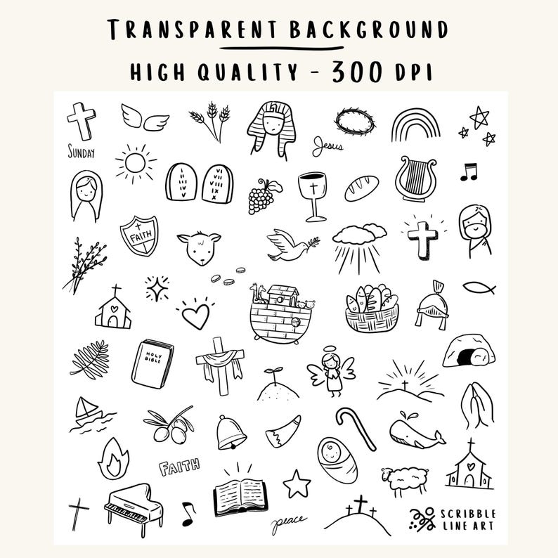 May include: A collection of hand-drawn black and white religious icons, including crosses, a dove, a bible, and an angel. The words "TRANSPARENT BACKGROUND", "HIGH QUALITY - 300 DPI", "SUNDAY", "Jesus", "FAITH", "peace", and "SCRIBBLE LINE ART" are also present.