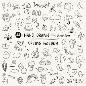 Peut inclure: Une collection d'illustrations de jardin de printemps dessinées à la main à l'encre noire sur fond crème. Les illustrations comprennent des fleurs, des insectes et des outils de jardinage. Le texte comprend "hello spring", "spring garden" et "scribble line art".