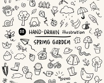 Spring Garden Hand-Drawn Illustration Doodles PNG SVG Clipart Bundle