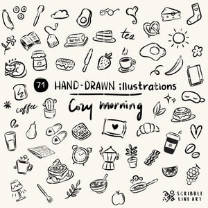 May include: Hand-drawn illustrations of breakfast and morning items, including coffee, avocado, a croissant, and a slice of cake. The text "Cozy morning" is featured, along with the words "71 HAND-DRAWN illustrations".