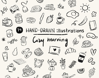 Cozy Morning Hand-Drawn Illustration Doodles PNG SVG Clipart Bundle
