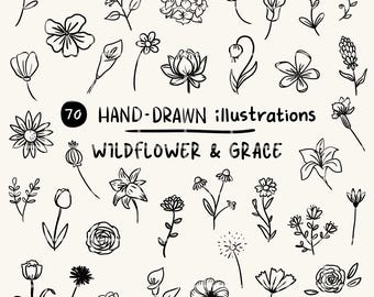 Wildflower & Grace Hand-Drawn Illustration Doodles PNG SVG Clipart Bundle
