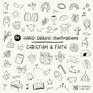 Può includere: Una collezione di 84 illustrazioni disegnate a mano con temi cristiani e di fede in inchiostro nero. I disegni includono croci, una chiesa, una colomba, un arcobaleno e il testo "CHRISTIAN & FAITH".