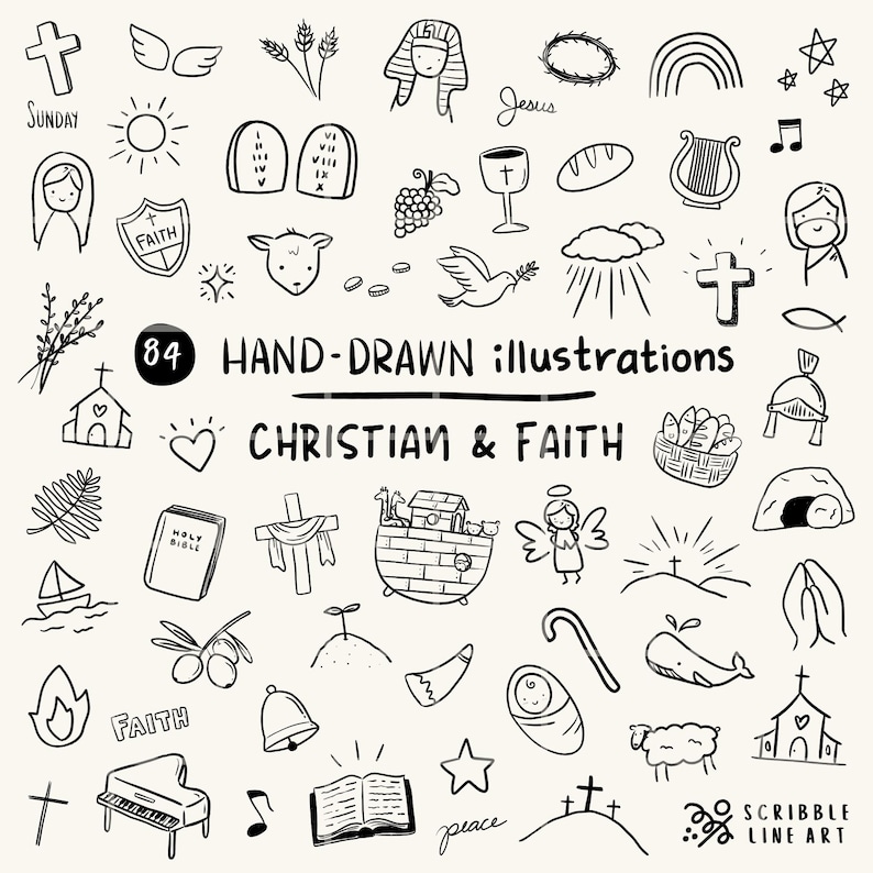 May include: A collection of 84 hand-drawn Christian and faith-themed illustrations in black ink. The drawings include crosses, a church, a dove, a rainbow, and the text "CHRISTIAN & FAITH".