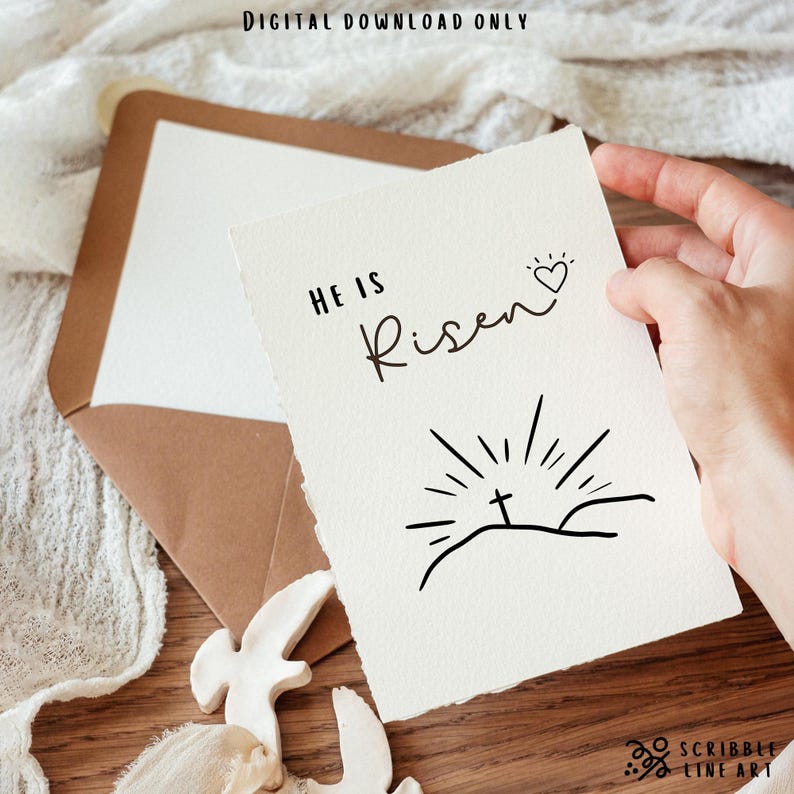 May include: A cream-colored card with the words "HE IS Risen" in black script, a heart, and a cross on a hill with sun rays. The card is held near a brown envelope and a white dove figurine. The words "DIGITAL DOWNLOAD ONLY" are at the top.