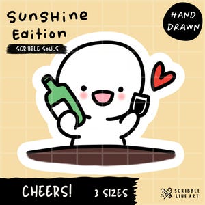 May include: A white cartoon character sticker with a green bottle and a glass of wine, a red heart, and the text "CHEERS!". The sticker is labeled "Sunshine Edition" and "Hand Drawn".
