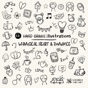 Op de afbeelding: Zwart-wit handgetekende illustraties van harten, mensen en romantische elementen. De tekst luidt "62 HAND-DRAWN illustrations" en "WHIMSICAL HEART & ROMANCE". De stijl doet denken aan een krabbel.
