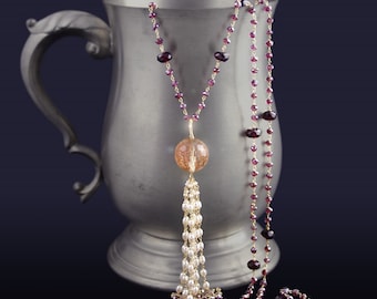 Custom Made to Order - Garnet Tassel Necklace with Pearls, Pyrite, and Golden Rutliated Quartz