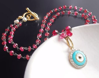 Custom Made to Order - Evil Eye Necklace with Red Spinel, 14k Diamond and Enamel Charm