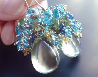 Custom Made to Order - Lemon Quartz Earrings with Swiss Blue Topaz, Garnet, Kyanite, and Vessonite