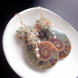 Custom Made to Order - Ammonite Fossil Earrings with Sapphires, Andalusite, Zircon, and Smoky Quartz