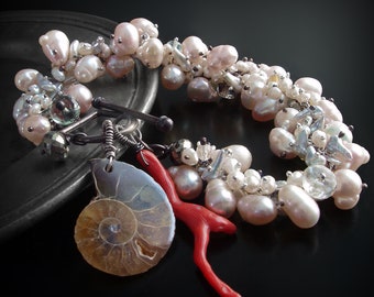 Japanese Pearl Charm Bracelet with Vintage Red Coral, Ammonite Fossil, and Pyrite - One of a Kind